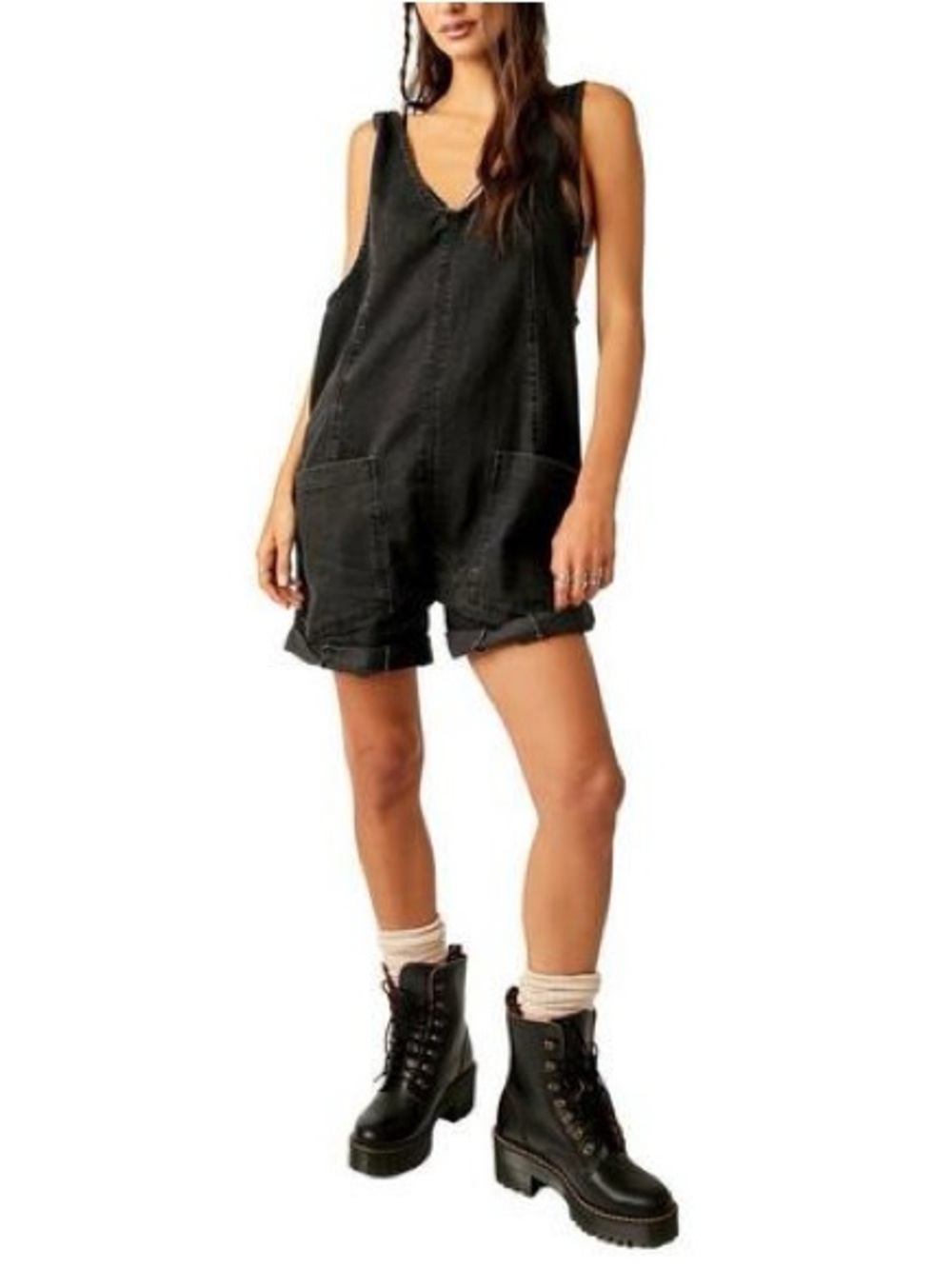 Free People Black Washed Denim Short Overalls shortalls High Roller XS Romper